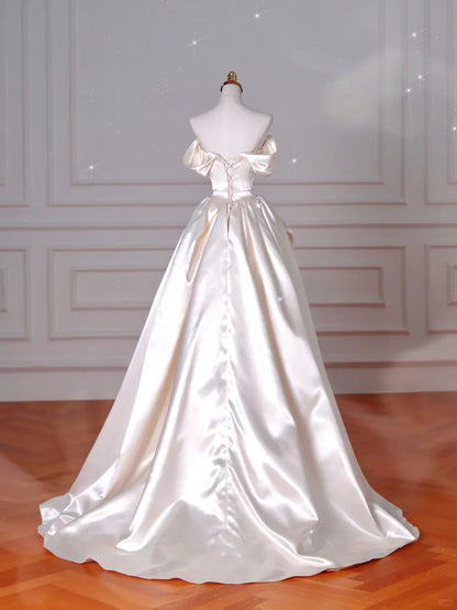 Romantic Satin Ball Gown Off-the-Shoulder Short Sleeve Lace-Up Back Floor-Length Wedding Dresses