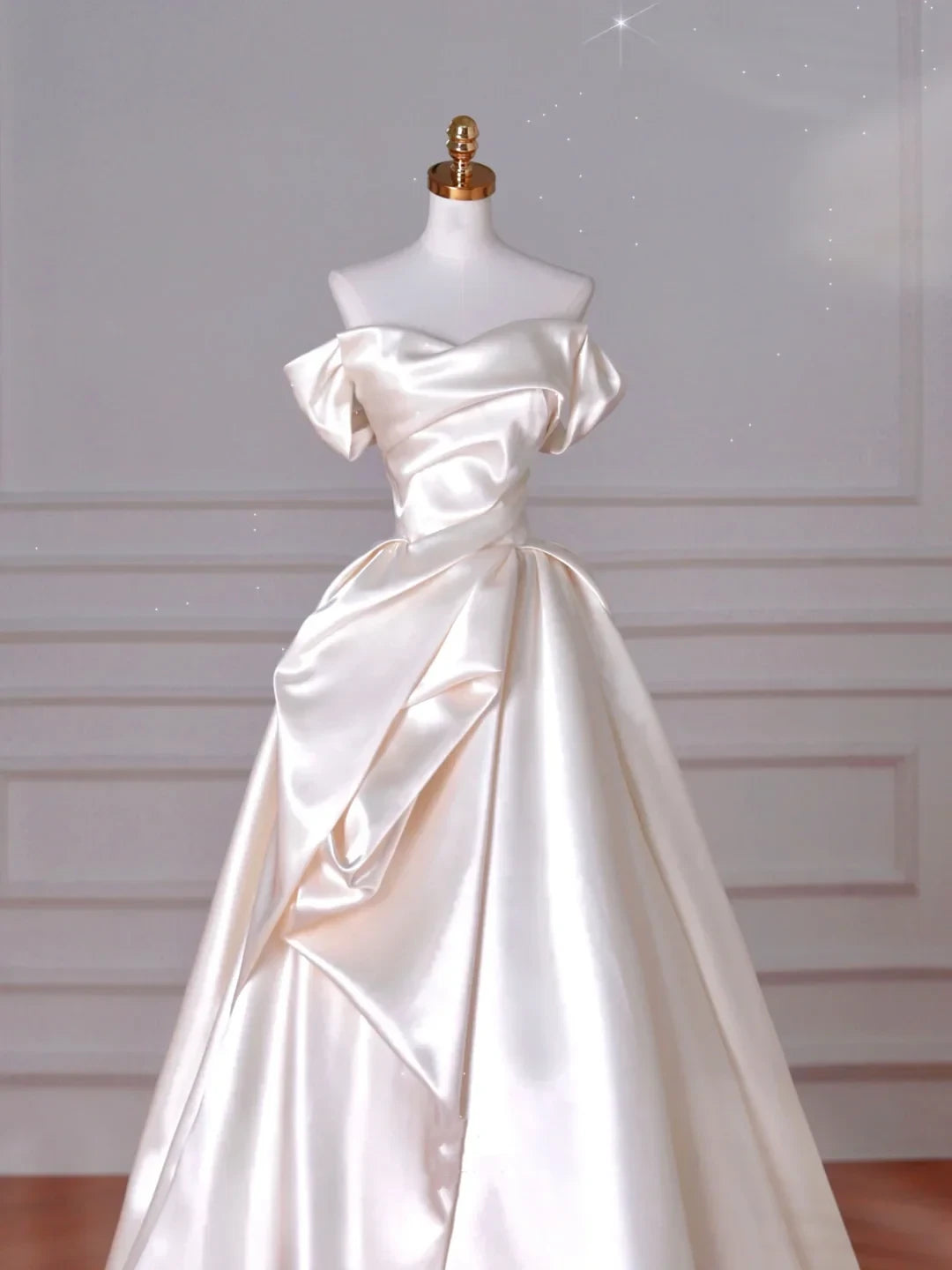 Romantic Satin Ball Gown Off-the-Shoulder Short Sleeve Lace-Up Back Floor-Length Wedding Dresses
