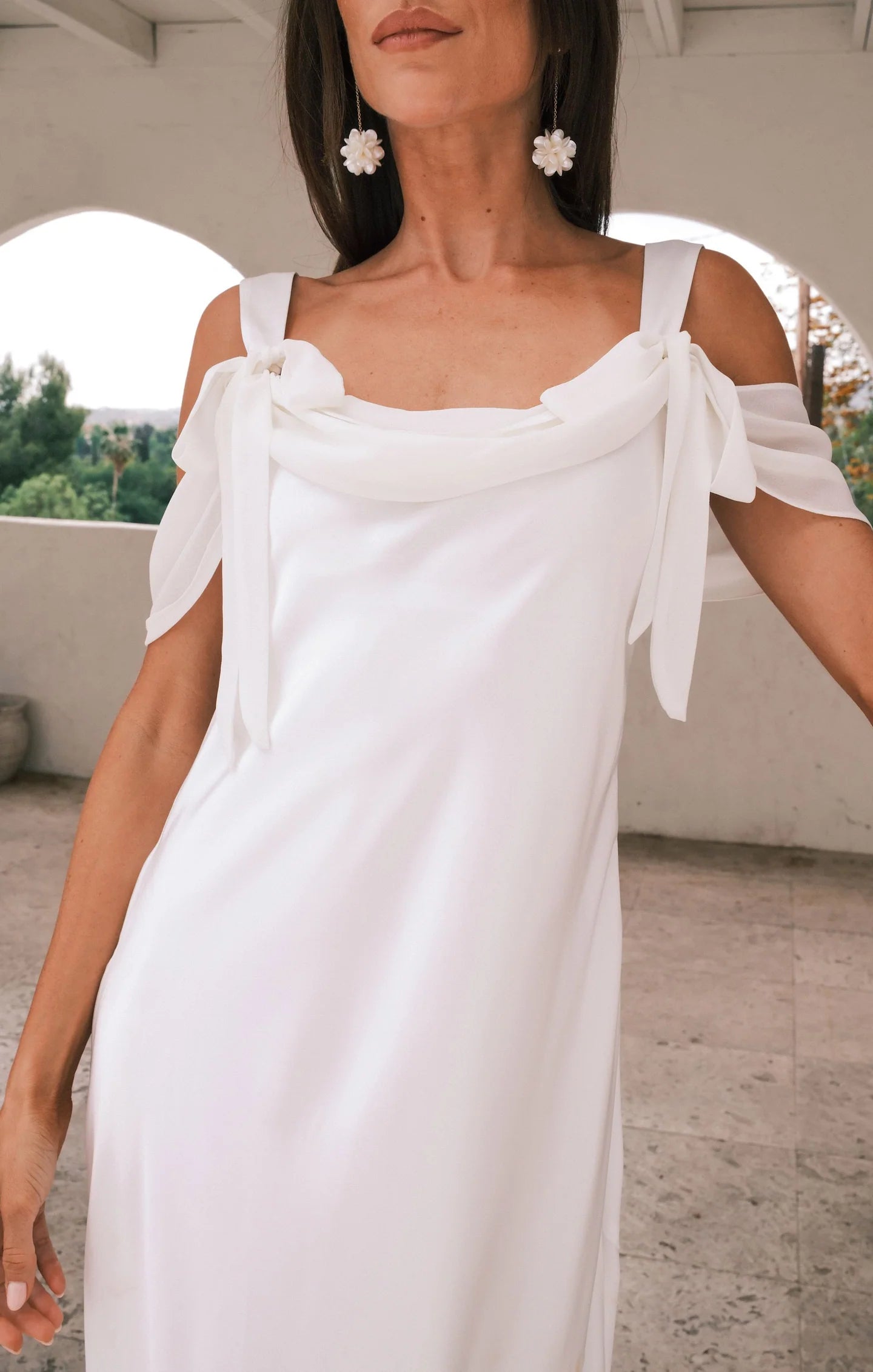 Romantic Satin Sheath Square Neck Cold Shoulder Bow Floor Length Bridal Evening Dress