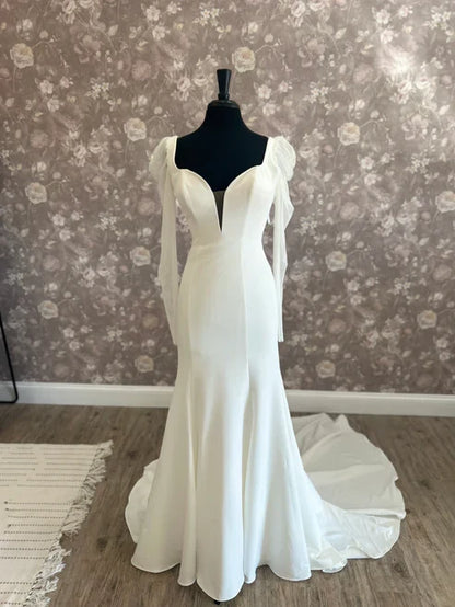 Romantic Satin Tulle Mermaid Sweetheart Plunge Long Puff Off-Shoulder Low Open Back Floor-Length Wedding Dresses