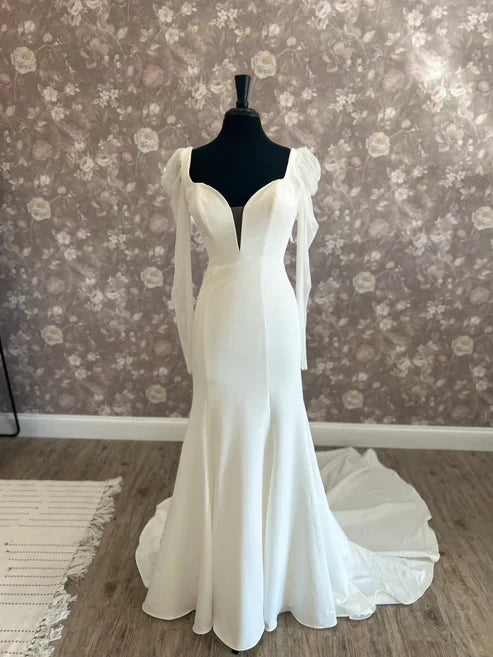 Romantic Satin Tulle Mermaid Sweetheart Plunge Long Puff Off-Shoulder Low Open Back Floor-Length Wedding Dresses