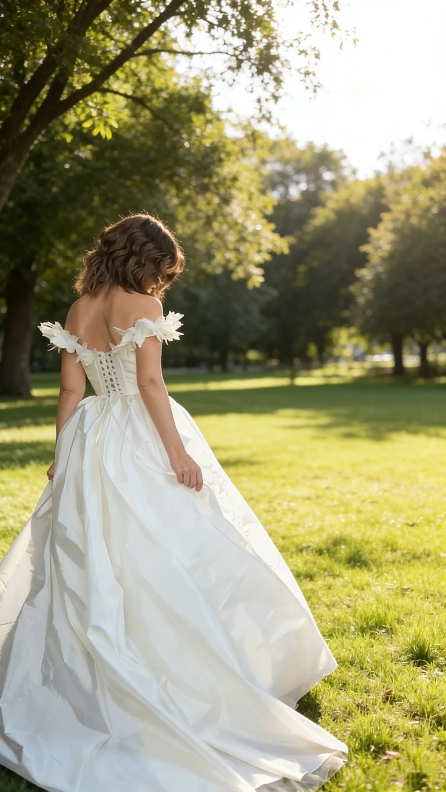 Romantic Simple Satin Ball Gown Off-Shoulder Floral Applique Corset Back Floor-Length Wedding Dresses
