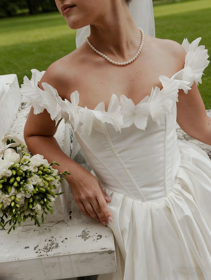 Romantic Simple Satin Ball Gown Off-Shoulder Floral Applique Corset Back Floor-Length Wedding Dresses