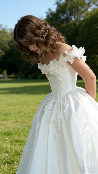Romantic Simple Satin Ball Gown Off-Shoulder Floral Applique Corset Back Floor-Length Wedding Dresses