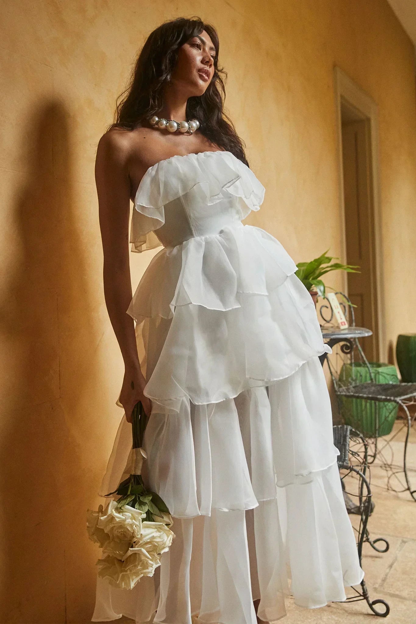 Romantic Tulle A-Line Strapless Ruffle Sleeveless Zipper Back Tiered Maxi Evening Dresses