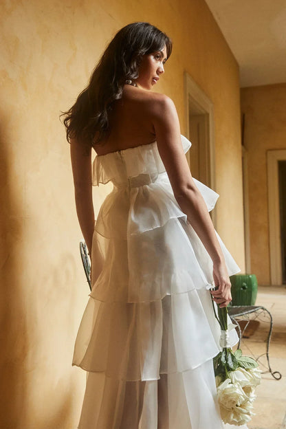 Romantic Tulle A-Line Strapless Ruffle Sleeveless Zipper Back Tiered Maxi Evening Dresses