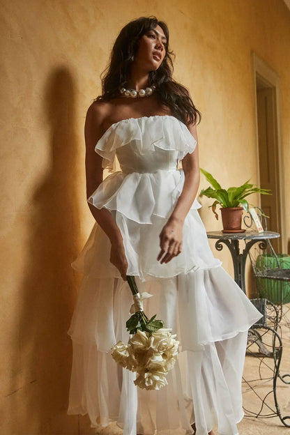 Romantic Tulle A-Line Strapless Ruffle Sleeveless Zipper Back Tiered Maxi Evening Dresses
