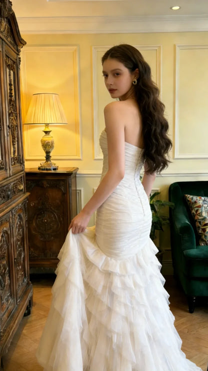 Romantic Tulle Mermaid Strapless Sweetheart Sleeveless Button Back Floor-Length Wedding Dresses