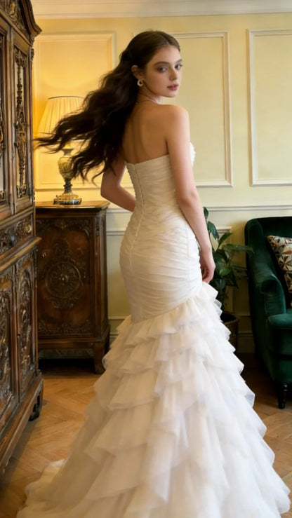 Romantic Tulle Mermaid Strapless Sweetheart Sleeveless Button Back Floor-Length Wedding Dresses
