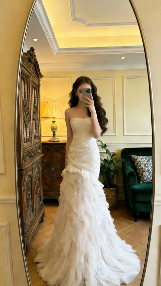 Romantic Tulle Mermaid Strapless Sweetheart Sleeveless Button Back Floor-Length Wedding Dresses