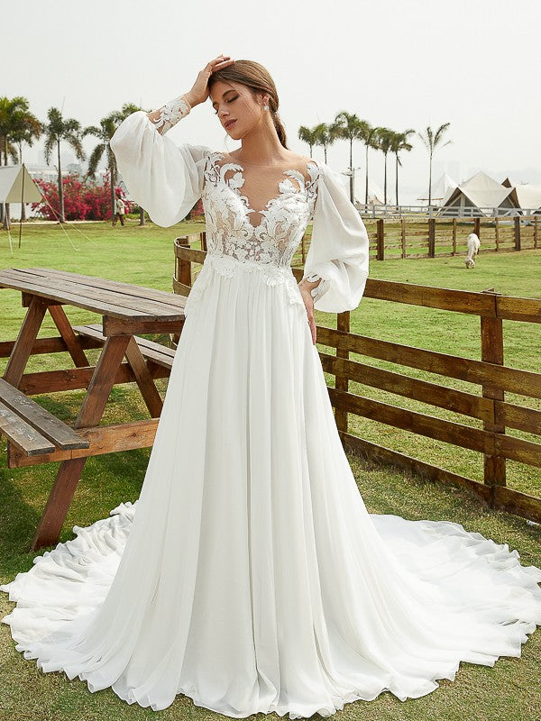Romantic white lace chiffon Aline illusion Vneck bishop long sleeve lace cutout back train length wedding dress