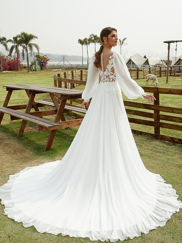 Romantic white lace chiffon Aline illusion Vneck bishop long sleeve lace cutout back train length wedding dress