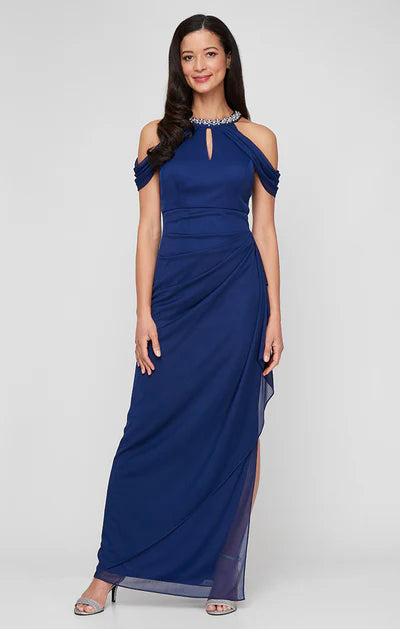 Royal Blue Chiffon Beaded Halter Cold Shoulder Ruched Side Drape High Slit Sheath Floor Length Mother of the Bride Dresses