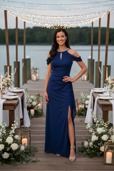 Royal Blue Chiffon Beaded Halter Cold Shoulder Ruched Side Drape High Slit Sheath Floor Length Mother of the Bride Dresses
