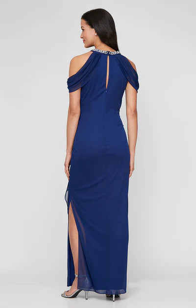 Royal Blue Chiffon Beaded Halter Cold Shoulder Ruched Side Drape High Slit Sheath Floor Length Mother of the Bride Dresses