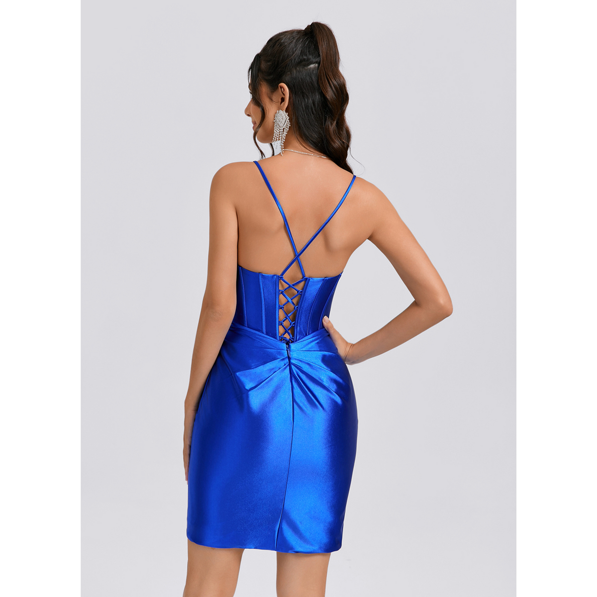 Royal Blue Spaghetti Strap Beaded Corset Satin Short Homecoming Dress