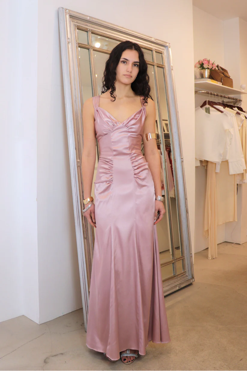 Ruched Satin Mermaid V-Neck Double-Strap Floor-Length Evening Gown