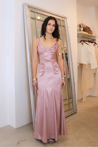 Ruched Satin Mermaid V-Neck Double-Strap Floor-Length Evening Gown