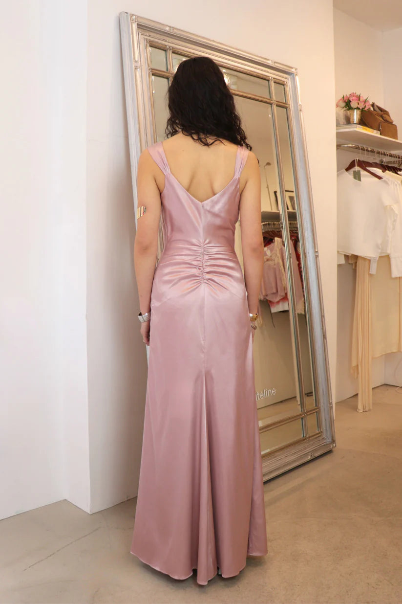 Ruched Satin Mermaid V-Neck Double-Strap Floor-Length Evening Gown