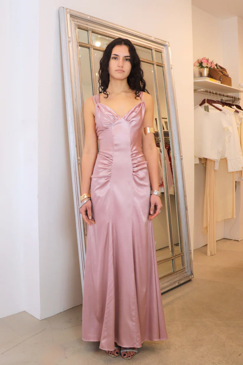 Ruched Satin Mermaid V-Neck Double-Strap Floor-Length Evening Gown