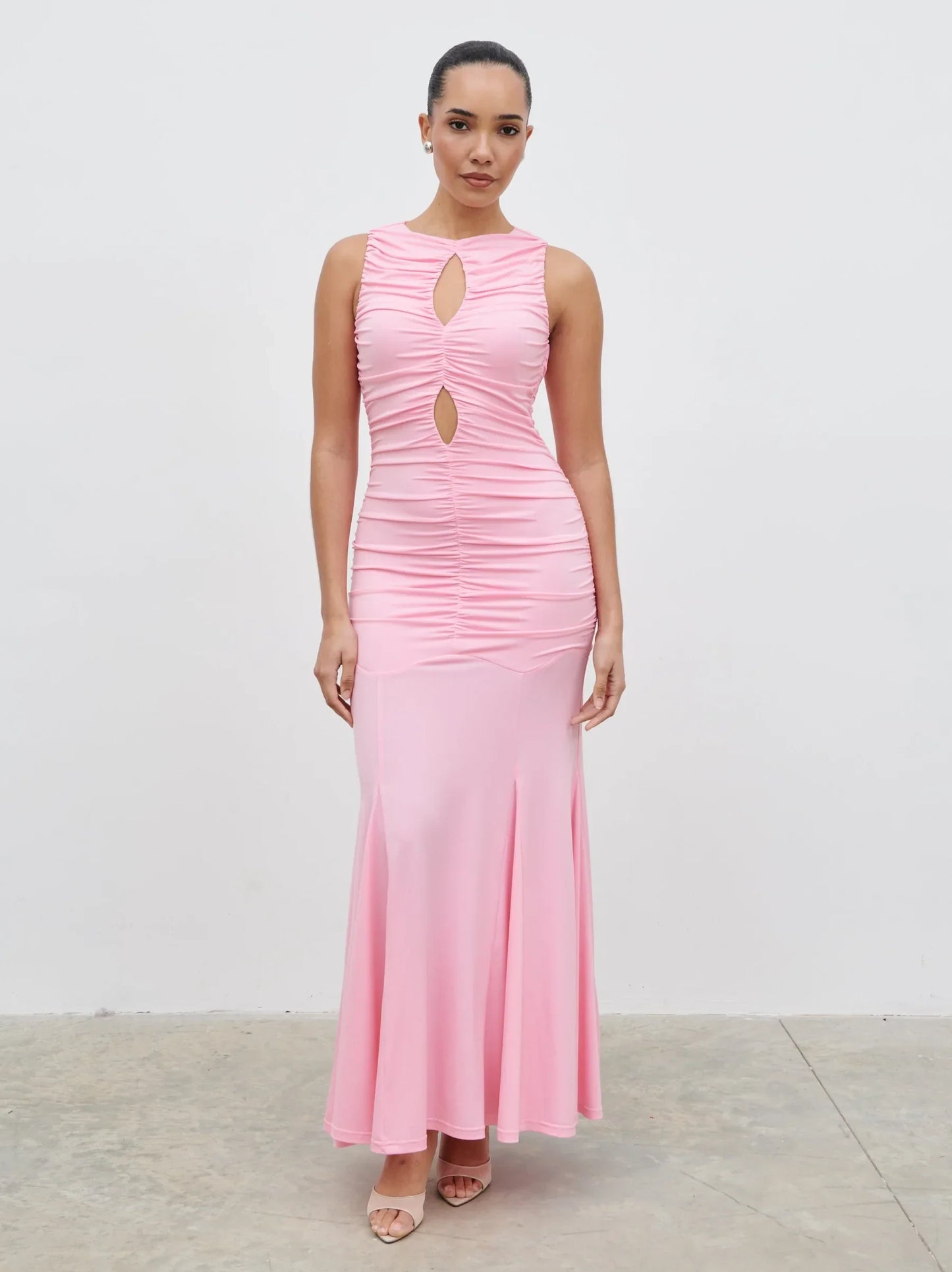 Ruched Mermaid Keyhole Neck Sleeveless Keyhole Back Floor-Length Prom Dresses