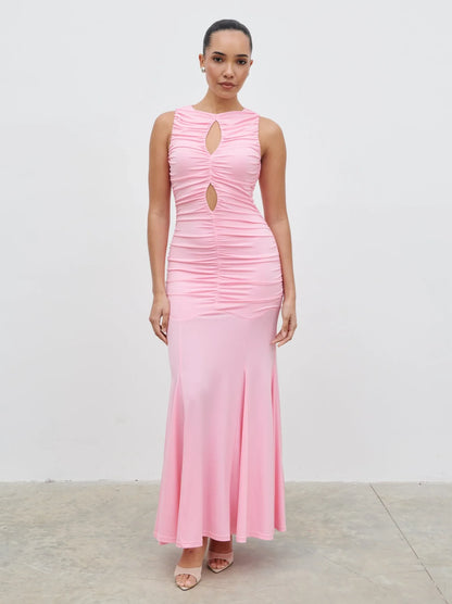 Ruched Mermaid Keyhole Neck Sleeveless Keyhole Back Floor-Length Prom Dresses