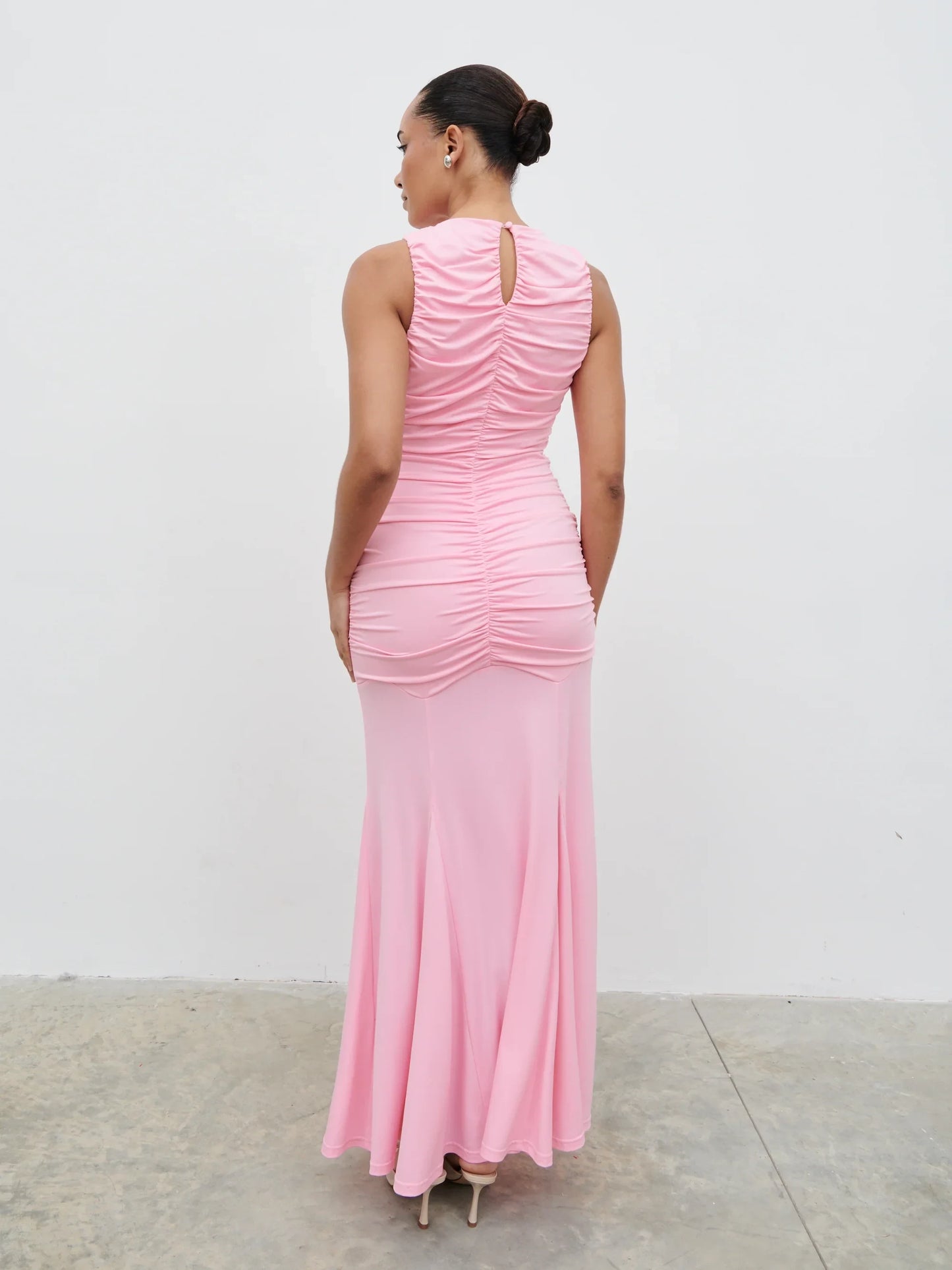 Ruched Mermaid Keyhole Neck Sleeveless Keyhole Back Floor-Length Prom Dresses