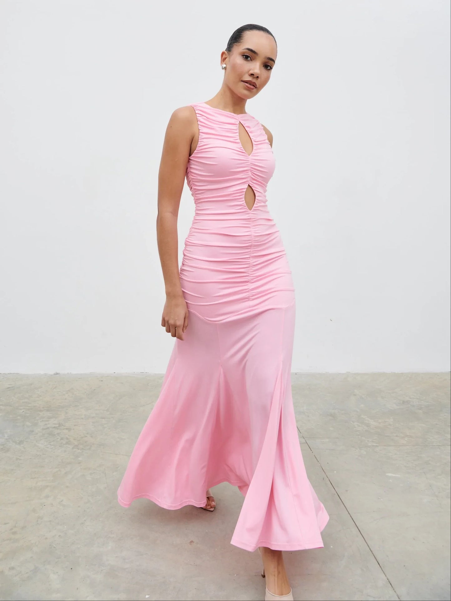 Ruched Mermaid Keyhole Neck Sleeveless Keyhole Back Floor-Length Prom Dresses