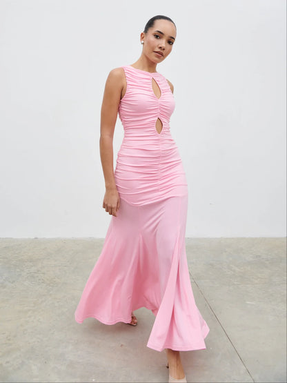 Ruched Mermaid Keyhole Neck Sleeveless Keyhole Back Floor-Length Prom Dresses
