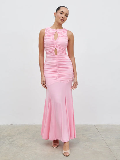 Ruched Mermaid Keyhole Neck Sleeveless Keyhole Back Floor-Length Prom Dresses