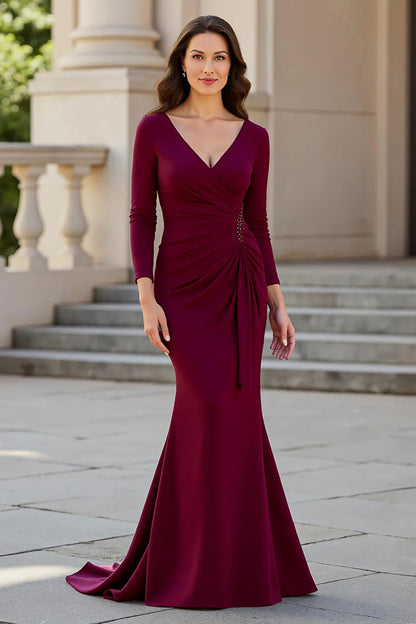 Ruched crepe mermaid V-neck long-sleeve floor-length mother of the bride dresses