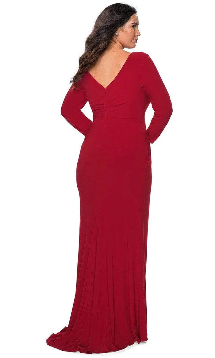 Ruched jersey sheath V-neck long-sleeve back-slit floor-length Mother of the Bride Dress