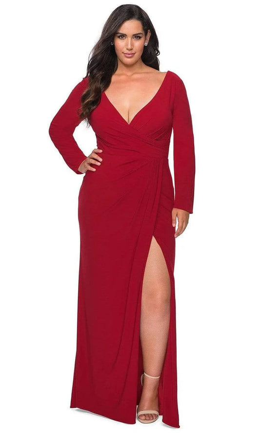 Ruched jersey sheath V-neck long-sleeve back-slit floor-length Mother of the Bride Dress