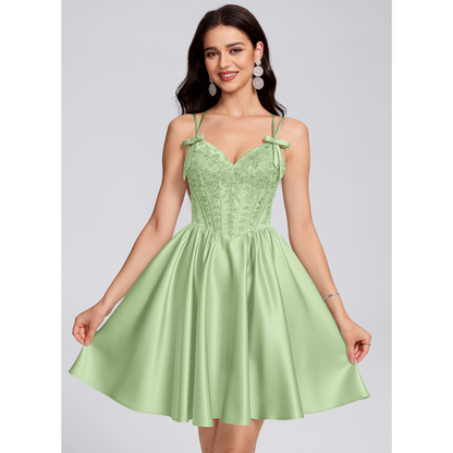 Sage Green Spaghetti Strap Lace Corset A-Line Short Homecoming Dress