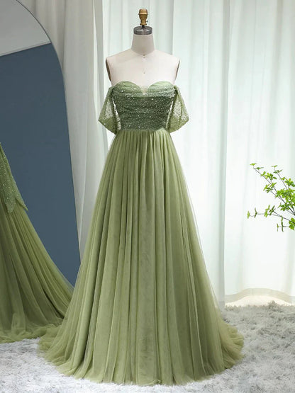Sage Green Tulle A-Line Off-the-Shoulder Beaded Back Bow Floor-Length Prom Dress