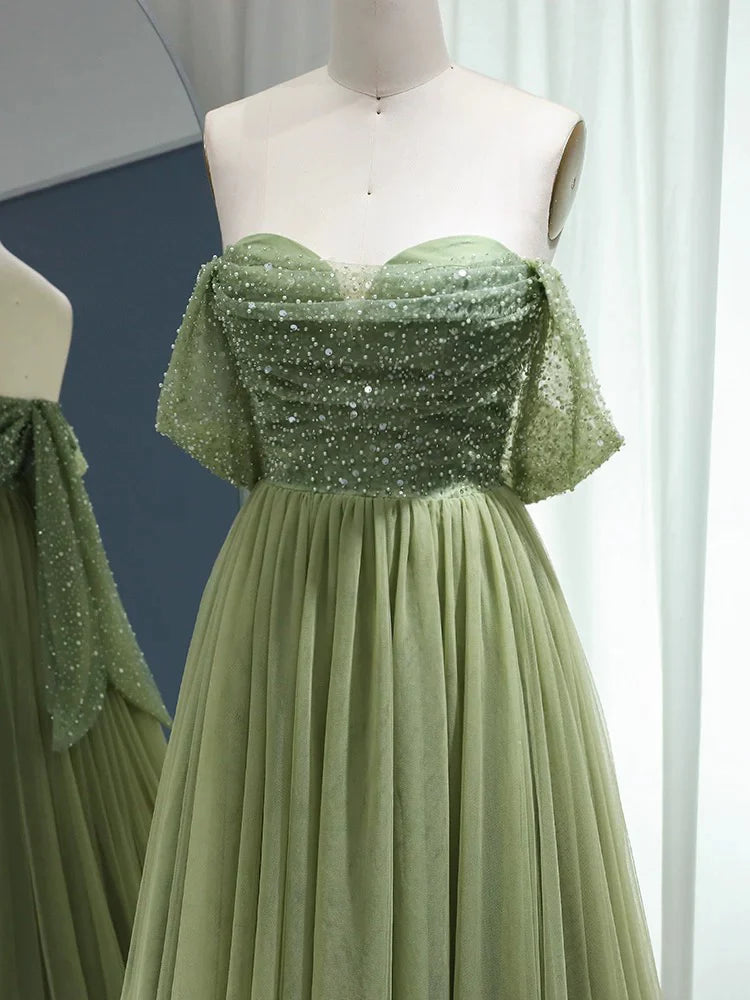 Sage Green Tulle A-Line Off-the-Shoulder Beaded Back Bow Floor-Length Prom Dress