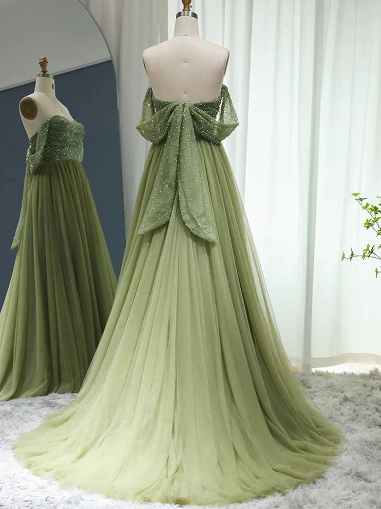 Sage Green Tulle A-Line Off-the-Shoulder Beaded Back Bow Floor-Length Prom Dress
