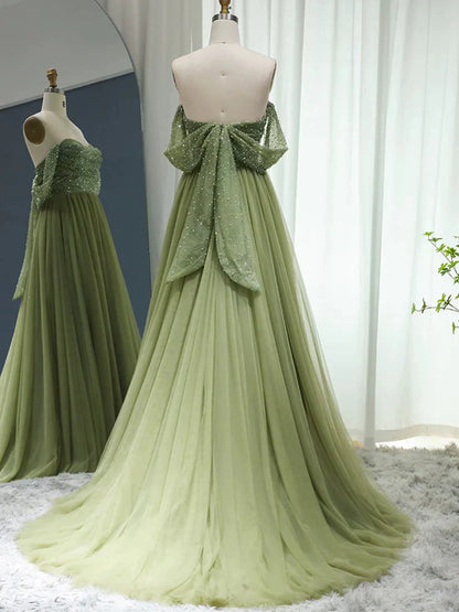 Sage Green Tulle A-Line Off-the-Shoulder Beaded Back Bow Floor-Length Prom Dress