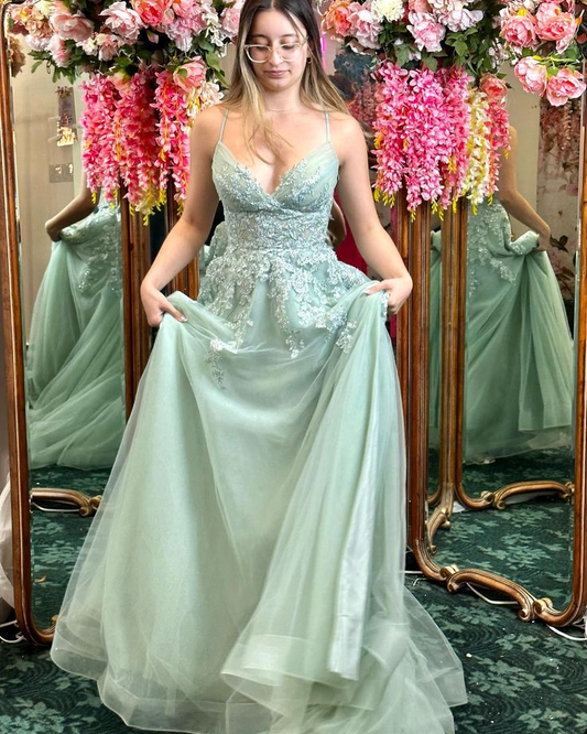 Sage Green Tulle V-Neck Lace-Up-Back Floral-Appliqué A-Line Floor-Length Prom Dresses