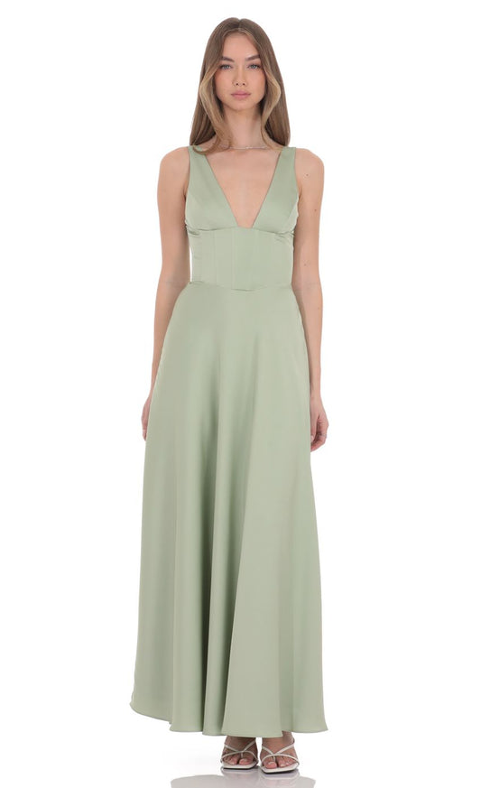 Sage Green V-Neck Satin Evening Dress with Lace-Up Back & A-Line Skirt