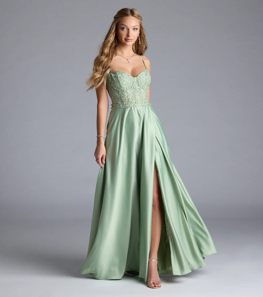 Sage Lace Corset Spaghetti Strap Sweetheart High Slit A-Line Floor Length Evening Dresses