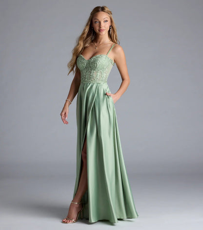 Sage Lace Corset Sweetheart Spaghetti Strap A-Line High Slit Evening Dress