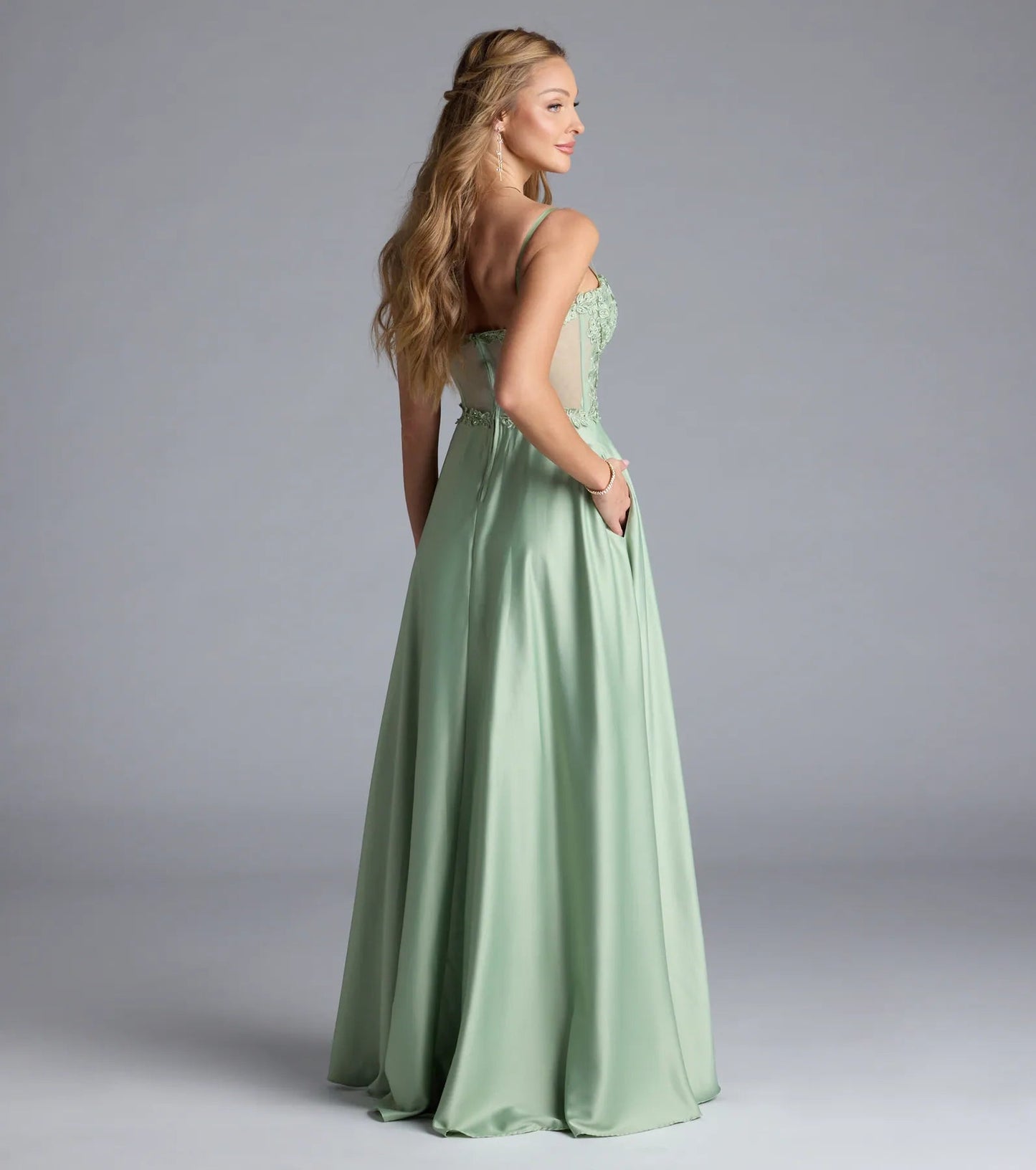 Sage Lace Corset Sweetheart Spaghetti Strap A-Line High Slit Evening Dress