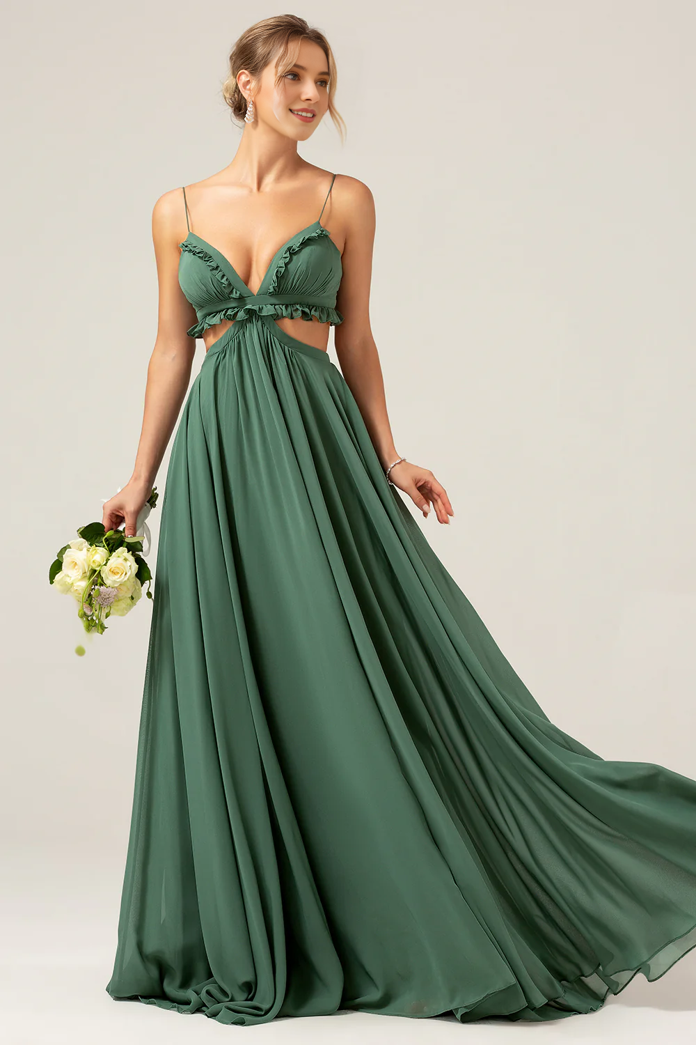 Sage Green A-line V Neck Spaghetti Strap Lace Up Back Floor Length Bridesmaid Dress