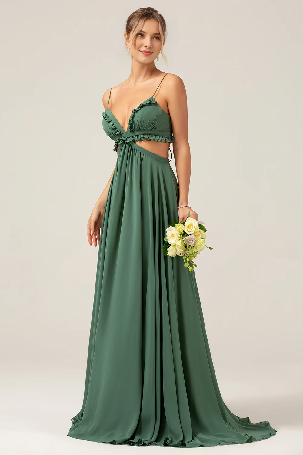 Sage Green A-line V Neck Spaghetti Strap Lace Up Back Floor Length Bridesmaid Dress