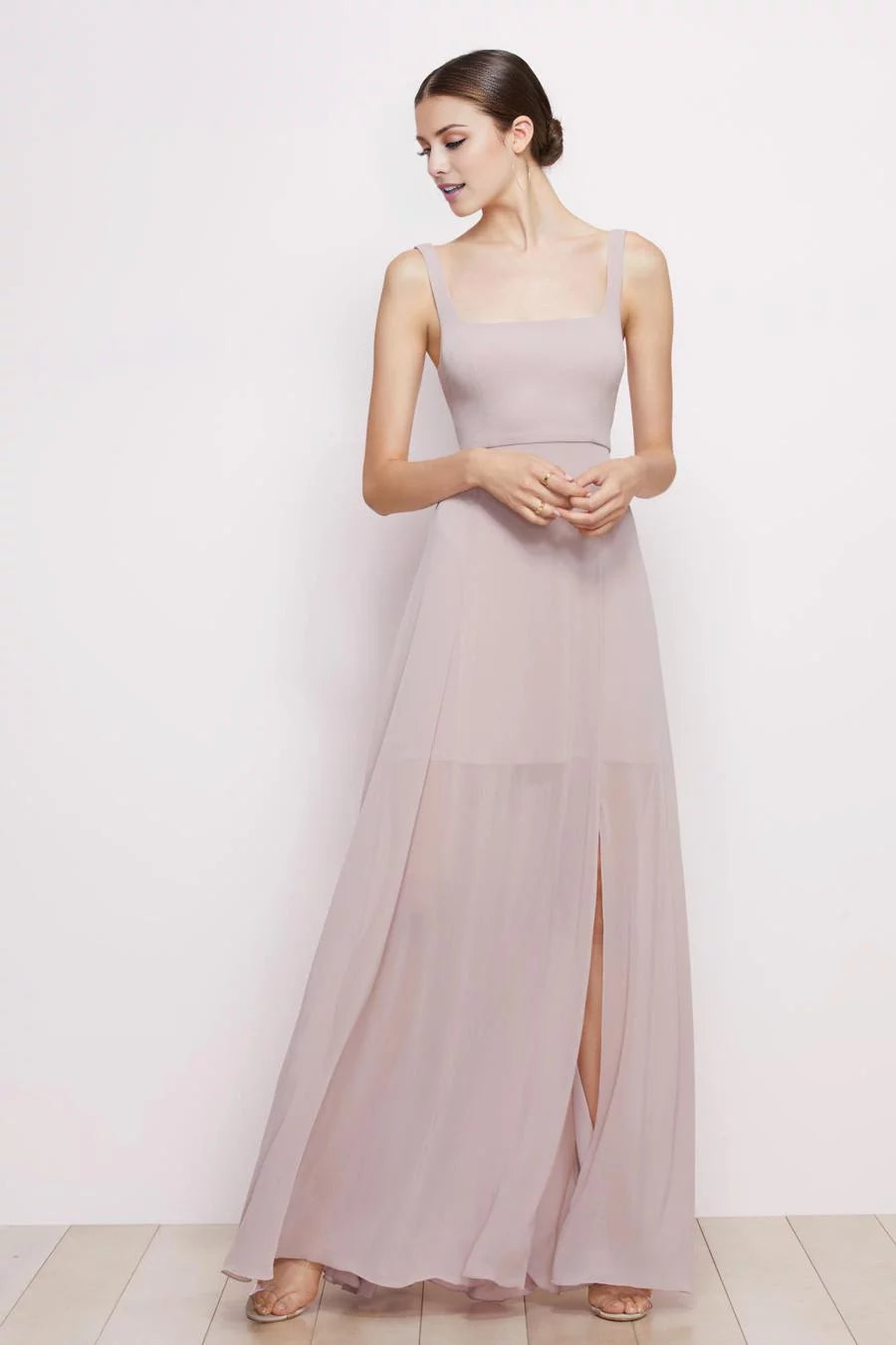 Satin-Smooth A-Line Square Neck Sleeveless Back Zip Side-Slit Floor-Length Evening Dress
