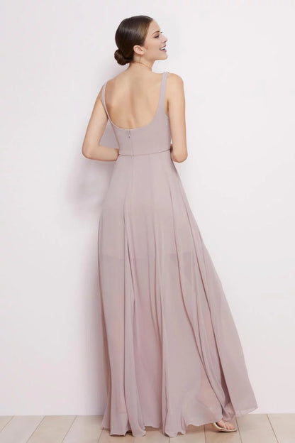 Satin-Smooth A-Line Square Neck Sleeveless Back Zip Side-Slit Floor-Length Evening Dress