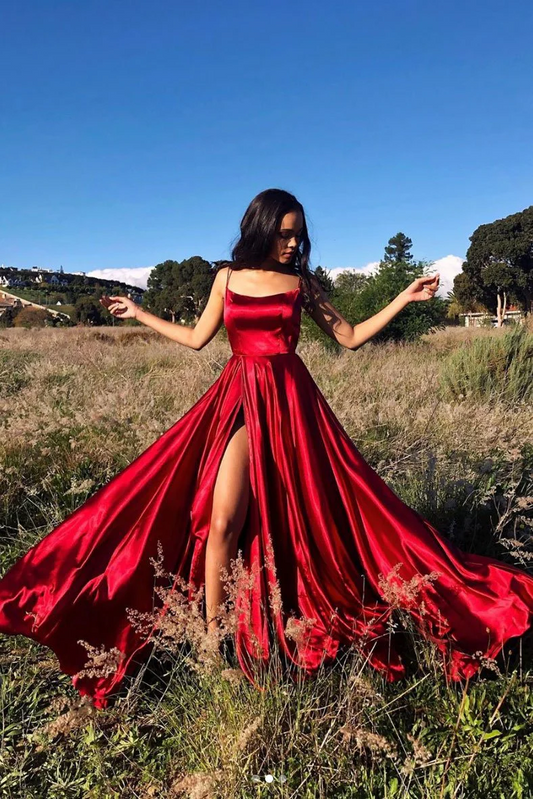 Satin A-Line Cowl Neck Spaghetti Straps Lace-Up-Back Floor-Length Slit Prom Dress