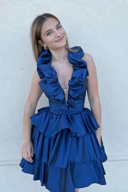 Satin A-Line Halter Neck Ruffle Open Back Short Length Homecoming Dresses