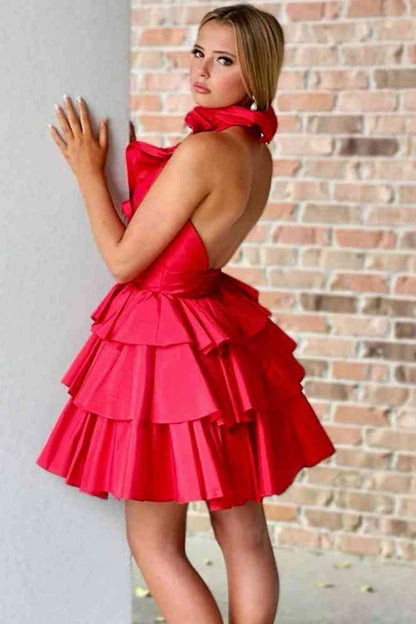 Satin A-Line Halter Neck Ruffle Open Back Short Length Homecoming Dresses